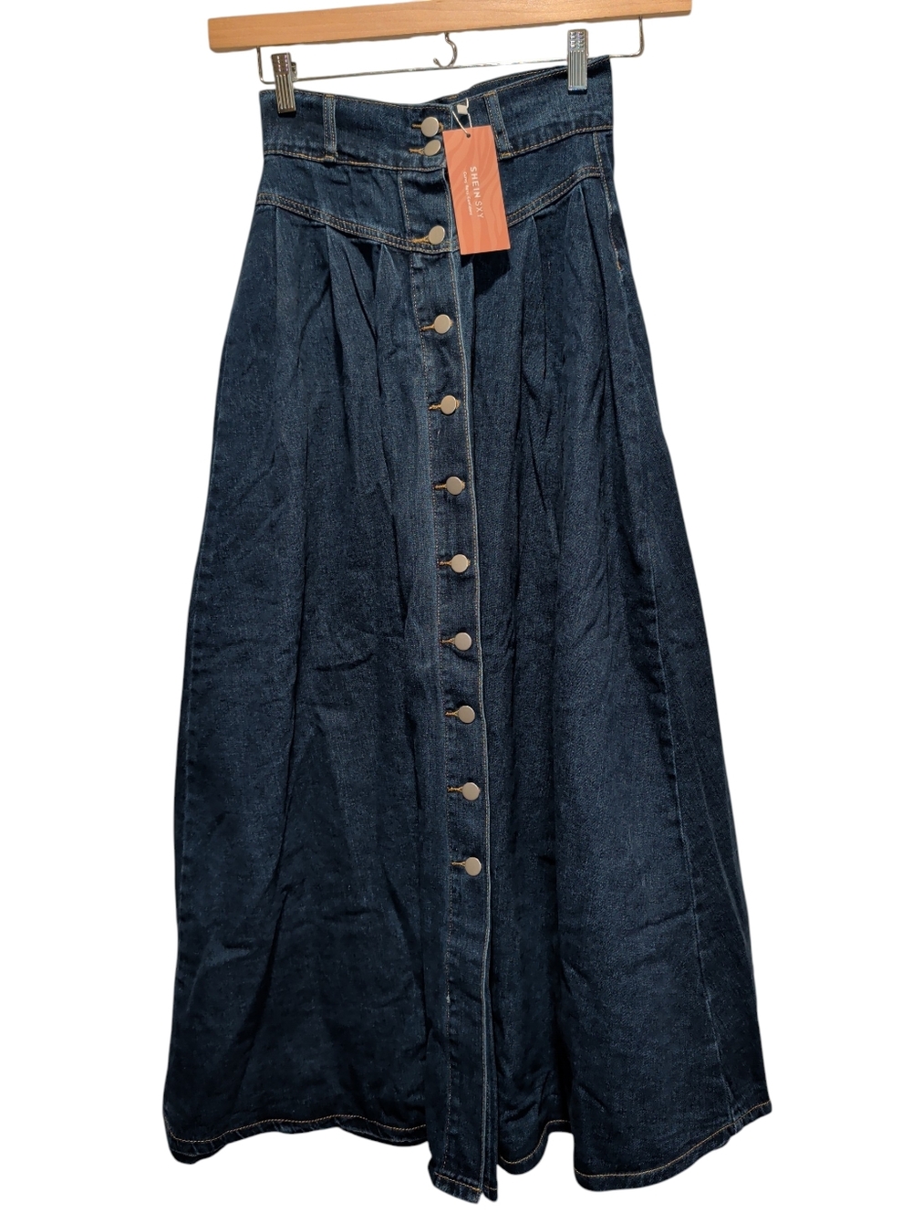 SHEIN Dark Blue Button-Front Denim Maxi Skirt (#JEAN23)